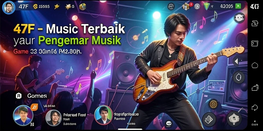Screenshot utama 47F menampilkan gameplay musik yang seru.
