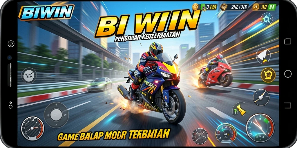 Screenshot gameplay BIWIN menampilkan aksi balap motor yang seru dan cepat.
