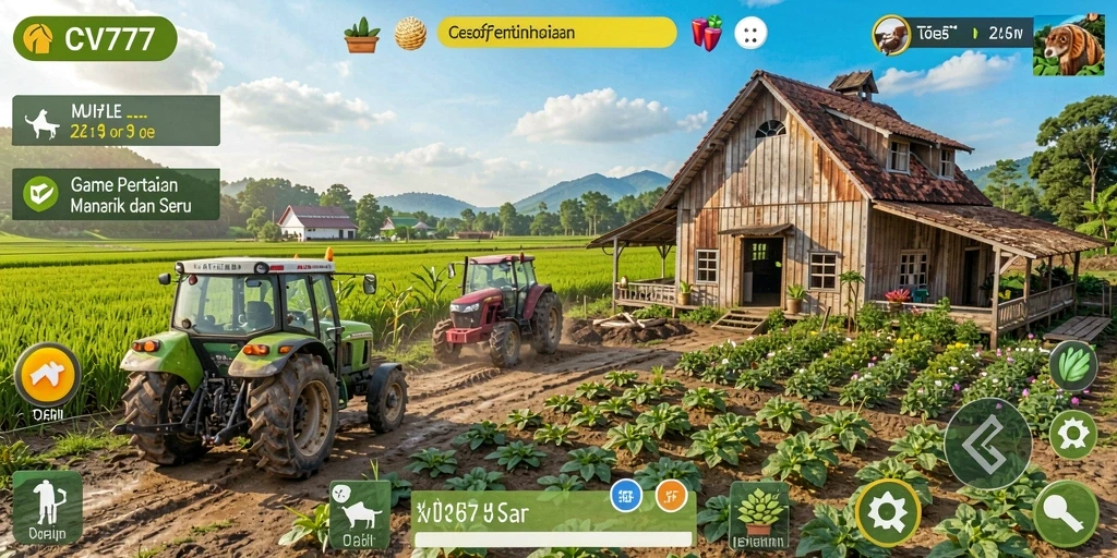 Screenshot gameplay CV777 menampilkan ladang luas yang subur dengan tanaman beraneka warna.