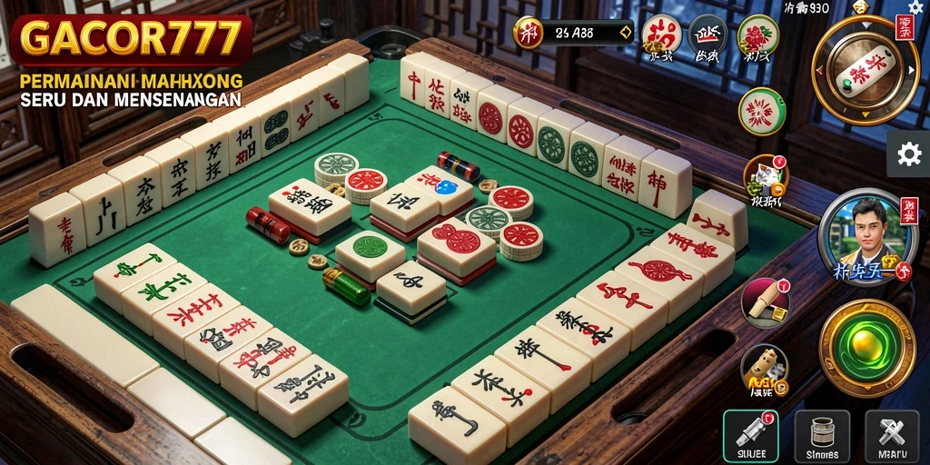 Tampilan gameplay menarik GACOR777 diiringi bidak Mahjong yang berwarna-warni.