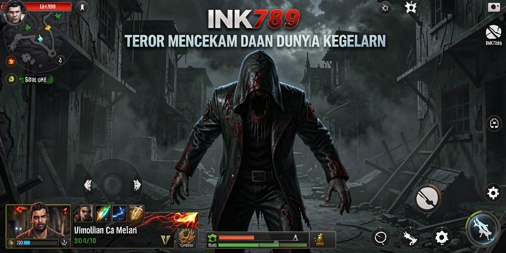 Tampilan gameplay menyeramkan dari INK789 saat pemain menjelajahi kegelapan.