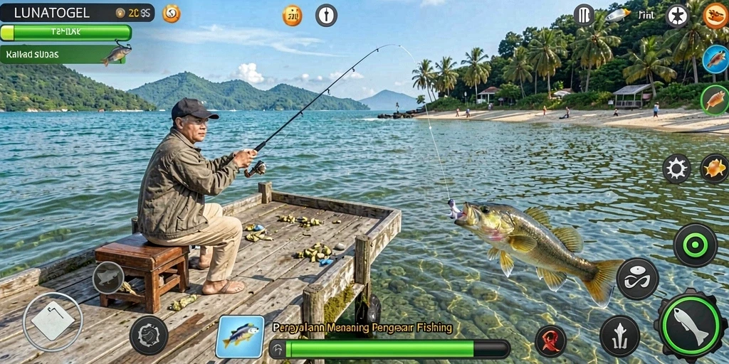 Screenshot LUNATOGEL menampilkan pemain yang sedang memancing di lokasi yang indah.