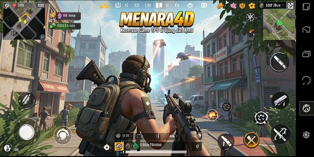 Screenshot MENARA4D menampilkan aksi pertempuran seru dalam gameplay TPS.