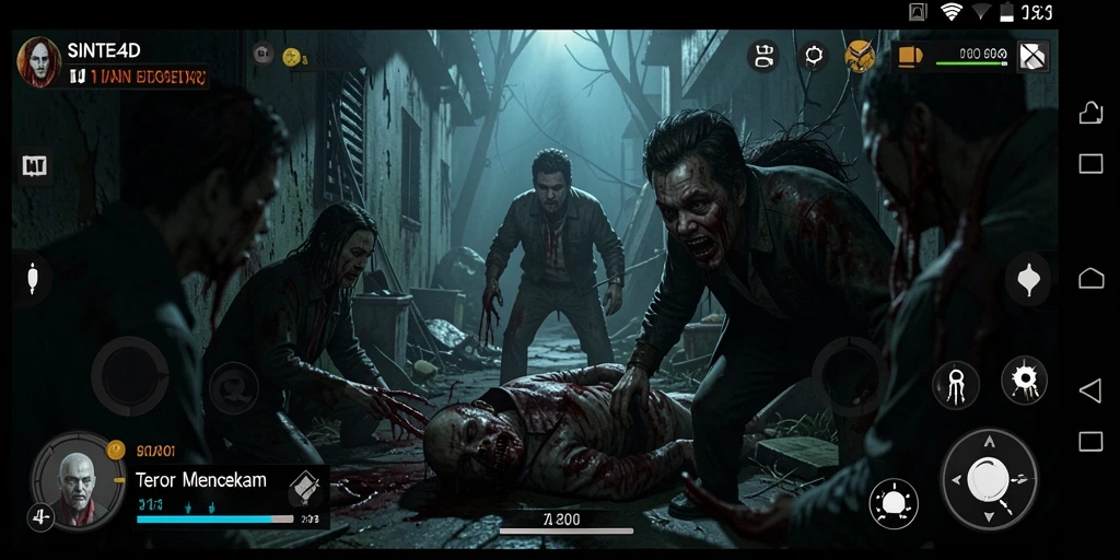 Screenshot gameplay menampilkan suasana gelap dan mencekam dari SINTE4D.