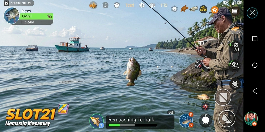 Gameplay seru dalam SLOT21 saat menangkap ikan dengan alat pancing.