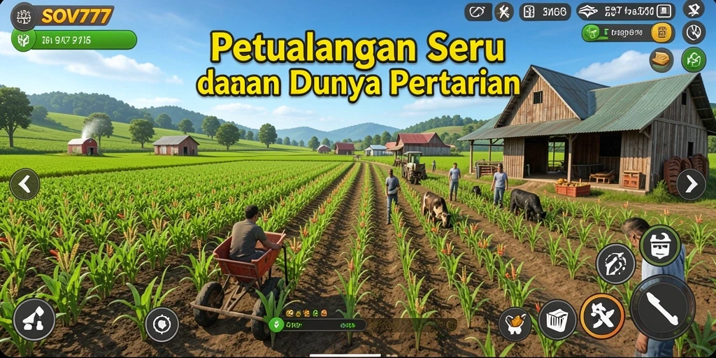 Screenshot gameplay SOV777 menampilkan ladang hijau yang subur dengan tanaman bercampur hewan peliharaan.