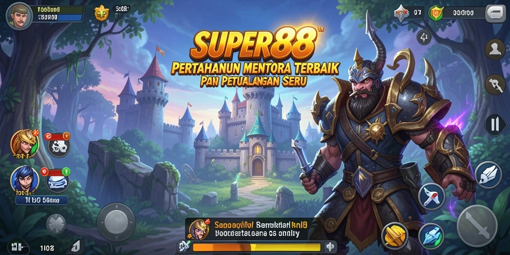 Screenshot gameplay SUPER88 menampilkan pertempuran menara yang mendebarkan.
